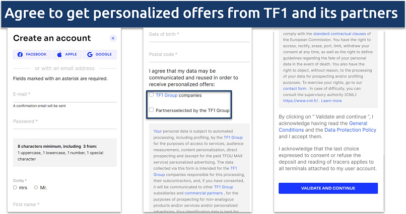 Screenshot showing the signup page of TF1 account