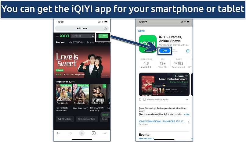 Screenshot of iQIYI app available for download on the website on in the Apple App Store