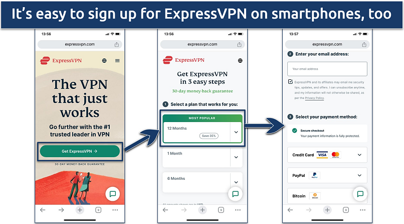 Screenshot of the ExpressVPN sign-up flow on mobile