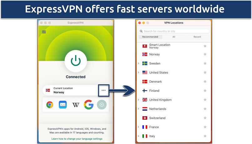 Screenshot of a server list in the ExpressVPN app