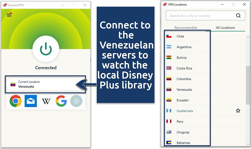 A screenshot of the ExpressVPN connected app and server locations list