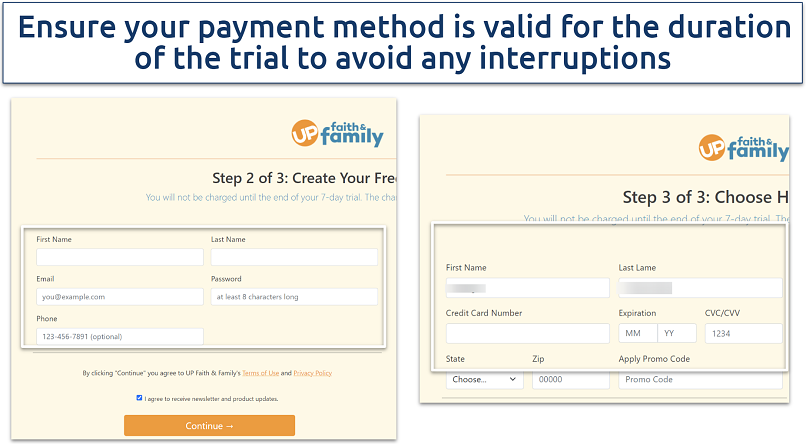 Screenshots of the UP F&F registration forms