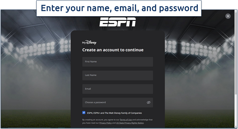 Screenshot of ESPN+ signup page