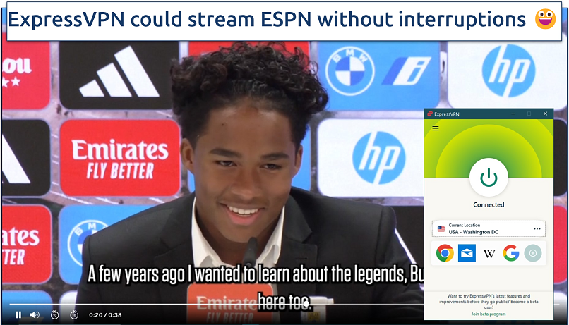 Watching La Liga transfers on ESPN while connected to ExpressVPN's US server