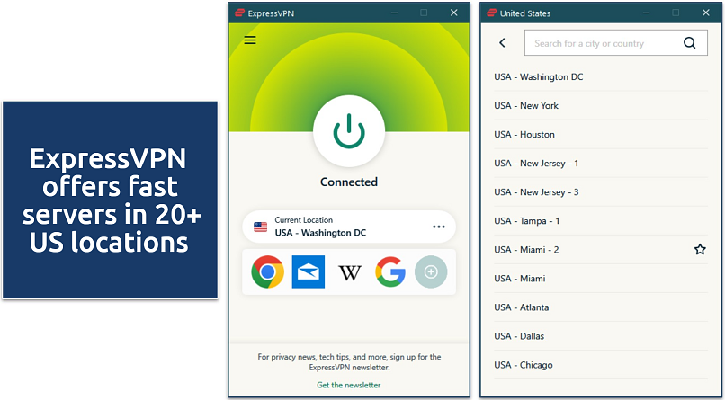 Screenshot of ExpressVPN's Windows app connected to Washington DC, US