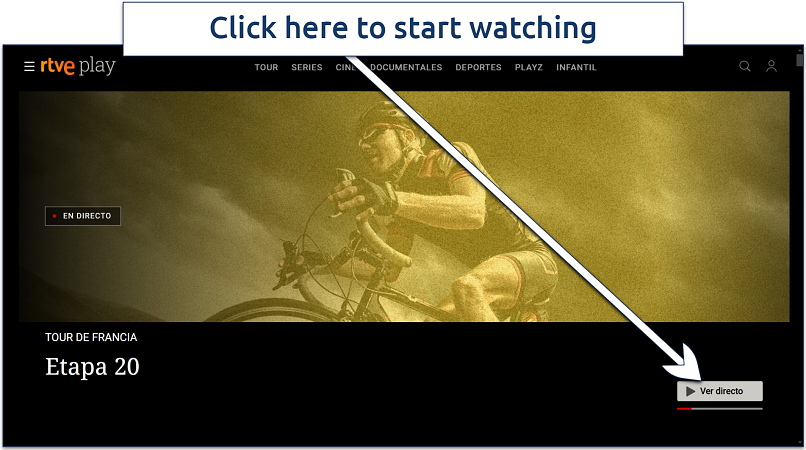 Screenshot of RTVE Play homepage with Tour de France preview