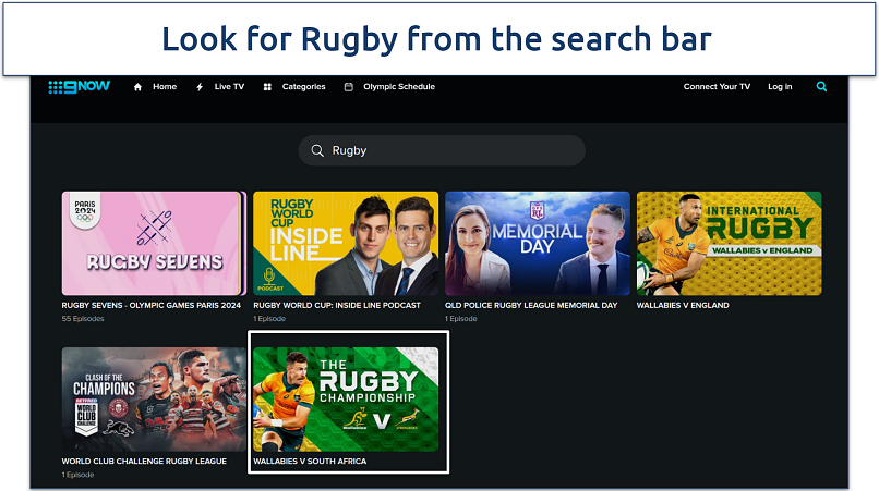 Screenshot of the Rugby search result