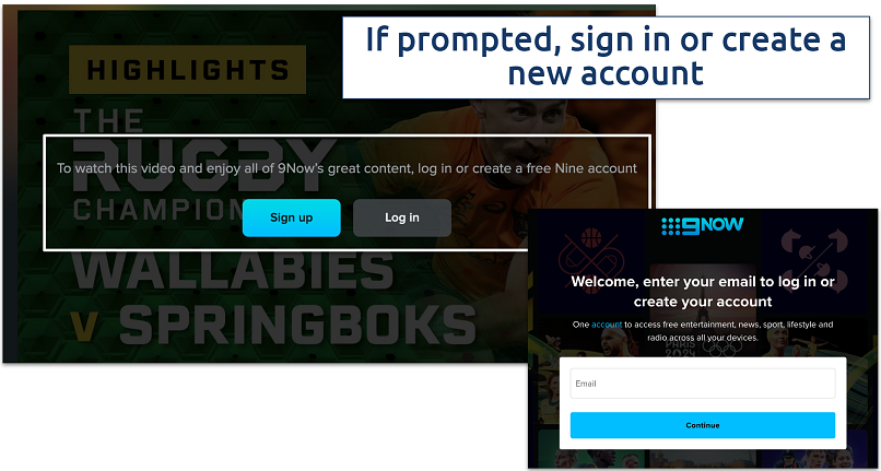 Screenshot of the Sign Up window on 9Now