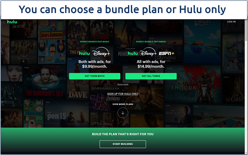 Screenshot of the Hulu homepage showing its pricing plans and Disney streaming bundles