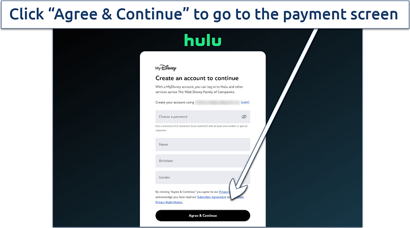 Screenshot of the Hulu Create an account page