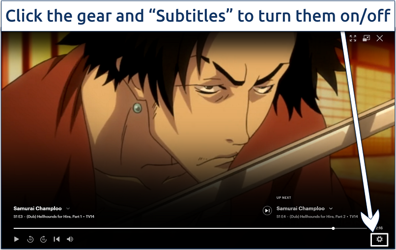 Screenshot of streaming Samurai Champloo on Hulu with the settings gear icon highlighted