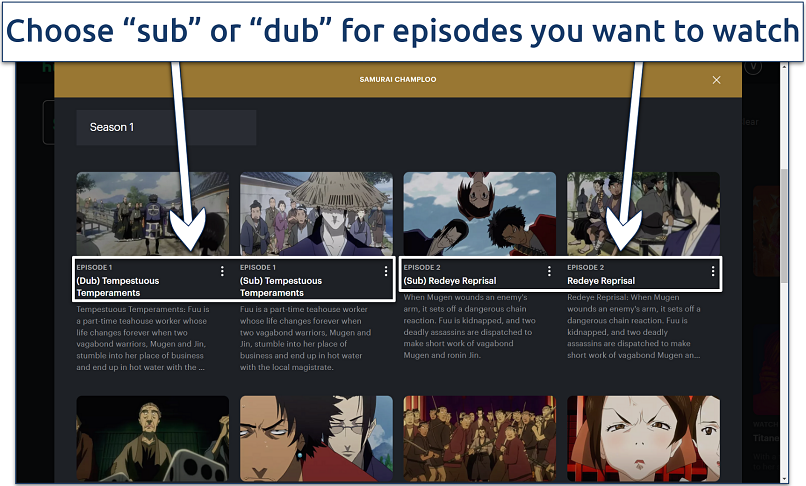 Screenshot of the Samurai Champloo hub page on Hulu with the sub and dub episode versions highlighted