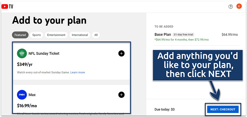 Screenshot of the YouTube TV base plan subscription page