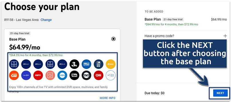 Screenshot of the YouTube TV base plan subscription page