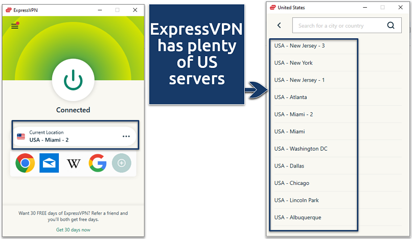 A screenshot of the ExpressVPN app connected to Miami server