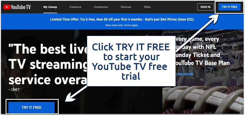 Screenshot of the YouTube TV homepage and free trial button