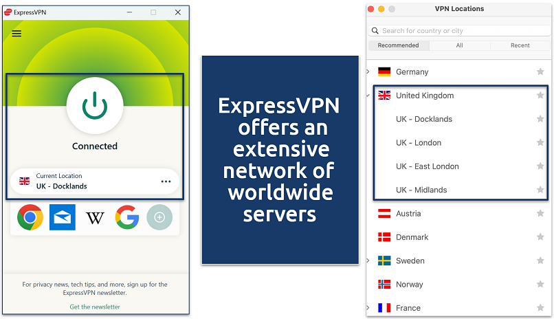 Screenshot of the ExpressVPN interface and server list