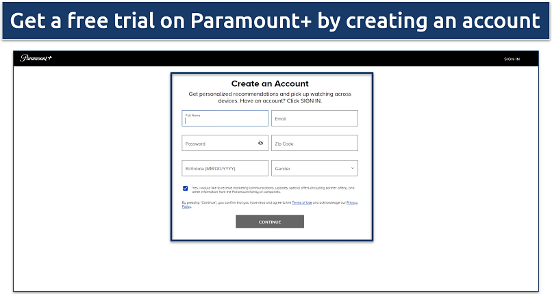 Screenshot of the account creating a page on Paramount+