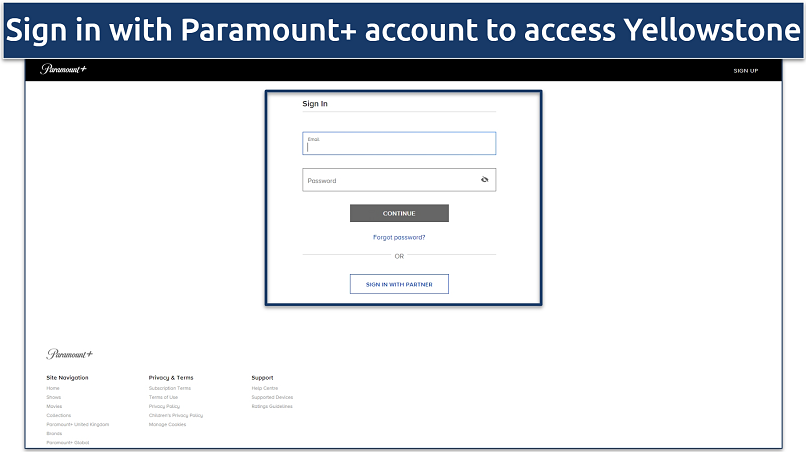 Screenshot of the Paramount+ sign-in page