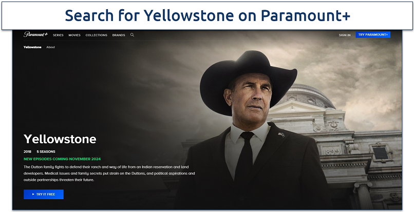 Screenshot of the Yellowstone page on Paramount+