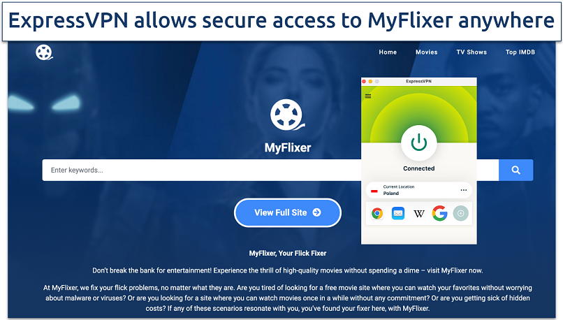 Screenshot of the MyFlixer site accessed with ExpressVPN connected