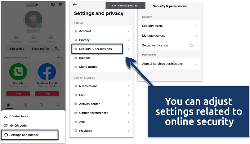 Screenshot showing TikTok's Security & permissions settings