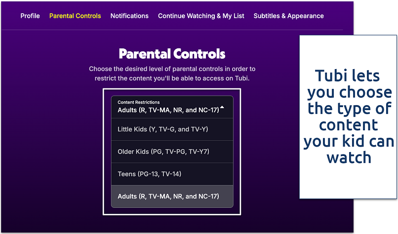 Screenshot of Tubi's parental controls