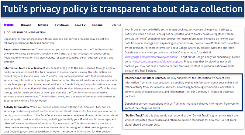 Screenshot of the Tubi data collection policy