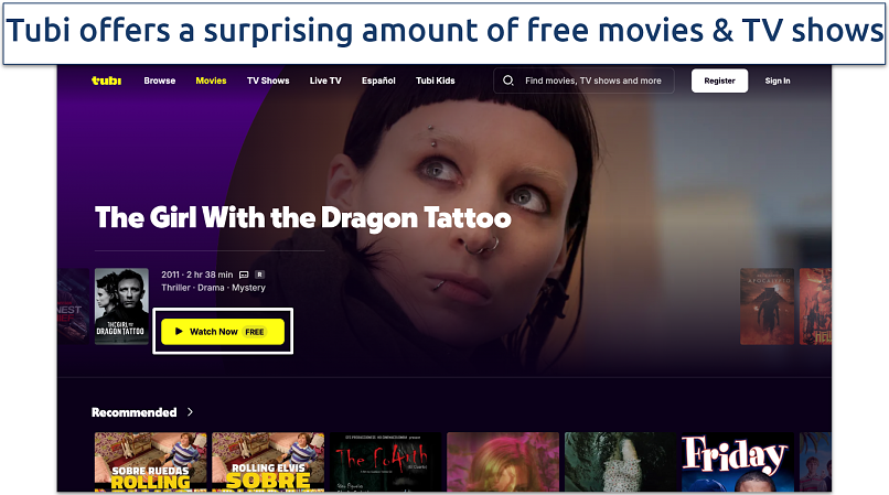 Screenshot of the Tubi main page