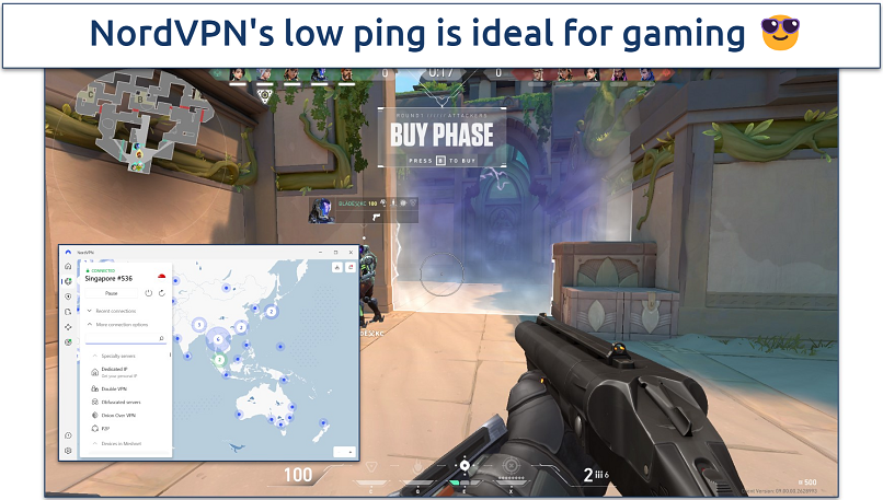 Screenshot of Valorant gameplay with NordVPN connected