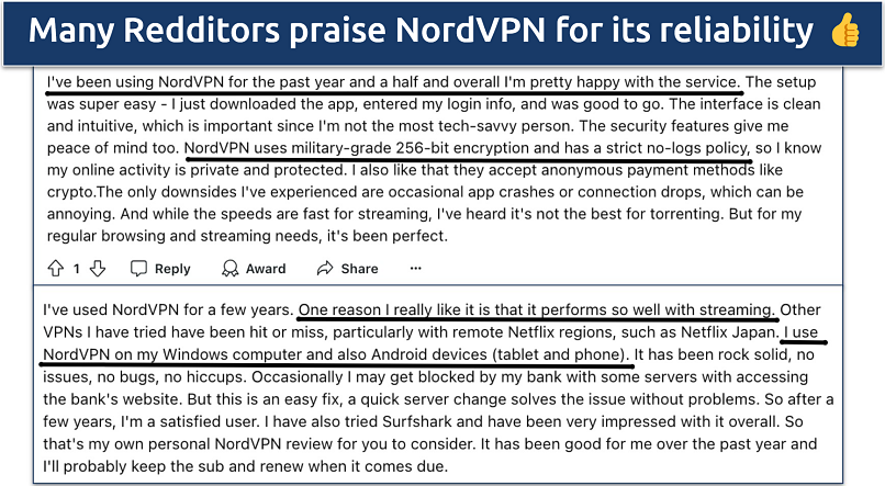 Screenshot of NordVPN's review by Redditors