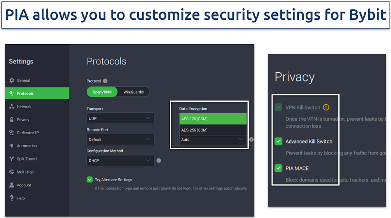 Screenshot showing PIA settings