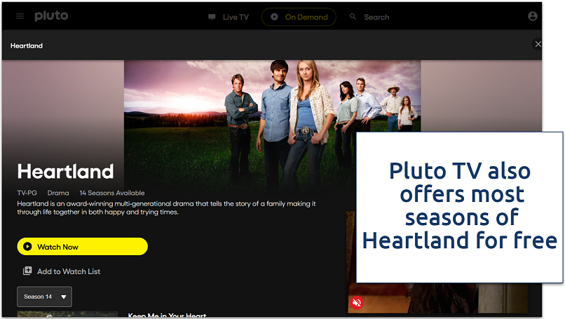 Screenshot showing Pluto TV streaming Heatlands free