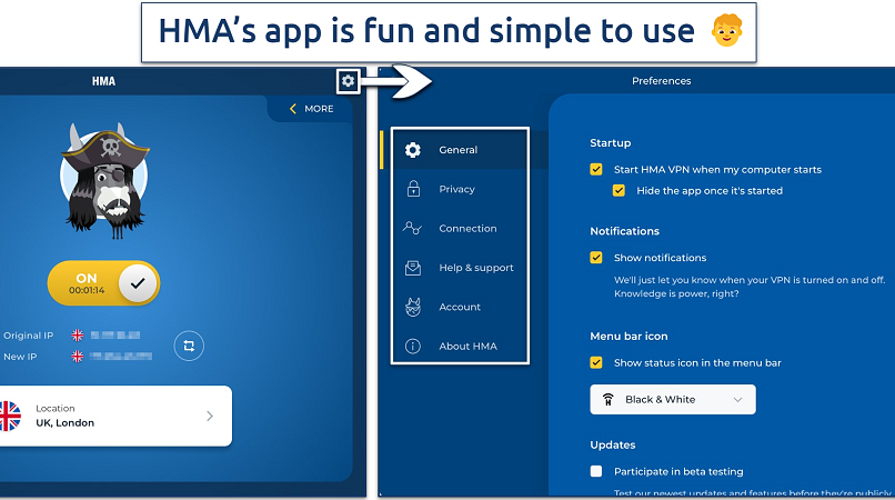 Screenshot of the 2 main app views of HMA