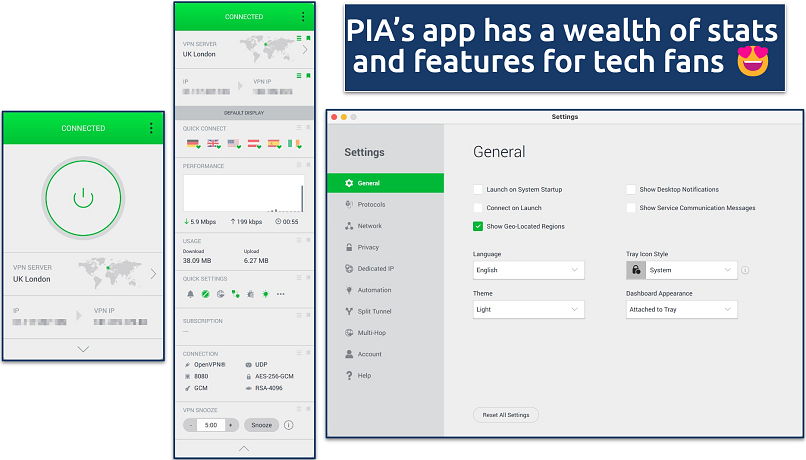 Screenshot of the 3 main app views of PIA