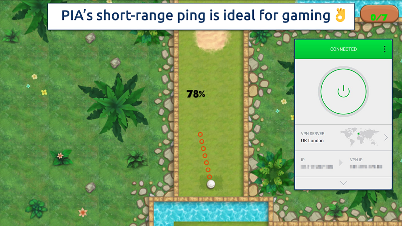 Screenshot of the PIA app over an online golf game