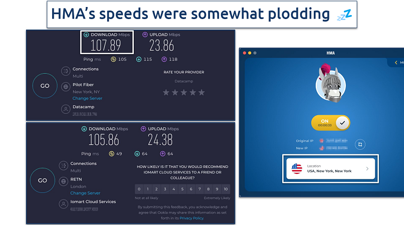 Screenshot of the HMA app alongside online speed tests