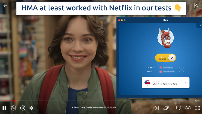 Screenshot showing the HMA app over a browser streaming Netflix