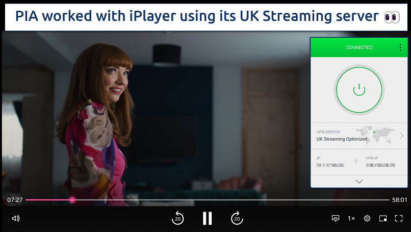 Screenshot showing the PIA app connected to the UK Streaming Optimized server