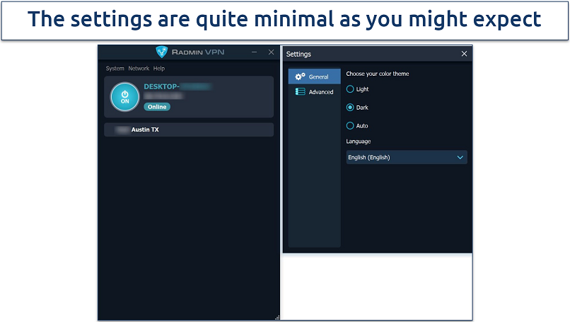 Screenshot of Radmin VPN's app UI highlighting the settings 