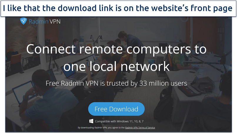 Screenshot of Radmin VPN's download page on its website 