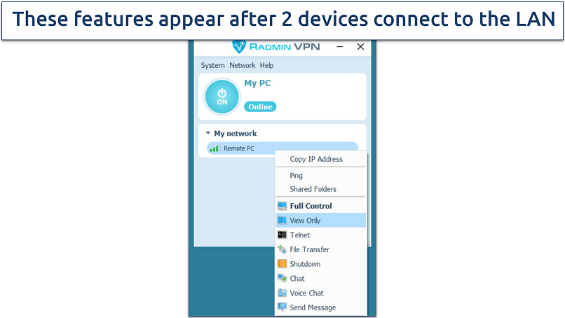 Screenshot of Radmin VPN's UI highlighting the different functions you can engage in between devices 