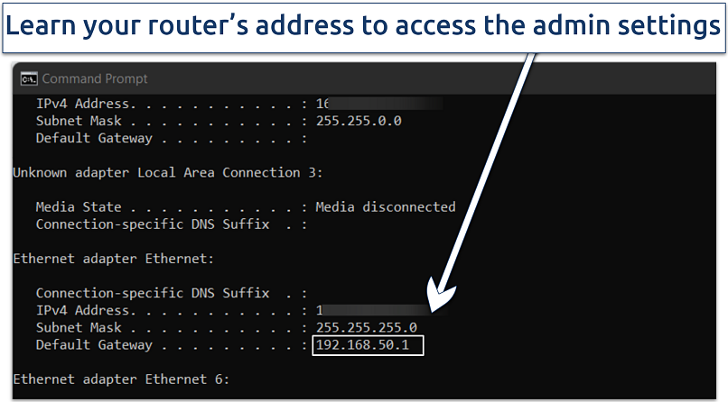 Screenshot showing the Windows CMD with router IP address