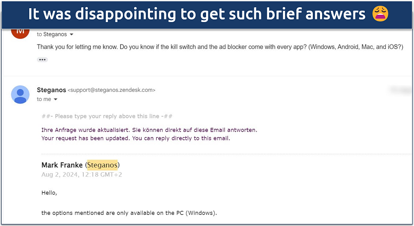 Screenshot of a conversation with Steganos' support via email where they state the kill switch and ad blocker only come with Windows apps 