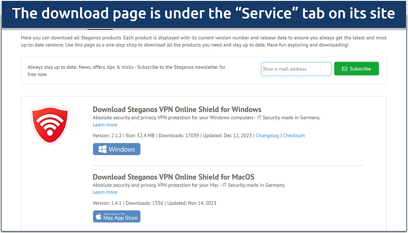 Screenshot of download page on Steganos' website, highlighting where to get its  desktop apps 