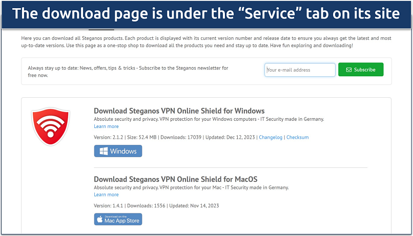 Screenshot of download page on Steganos' website, highlighting where to get its  desktop apps