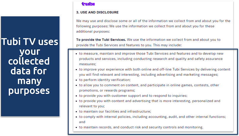 Screenshot of Tubi's privacy policy