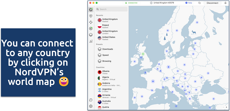 Screenshot of NordVPN's World Map interface