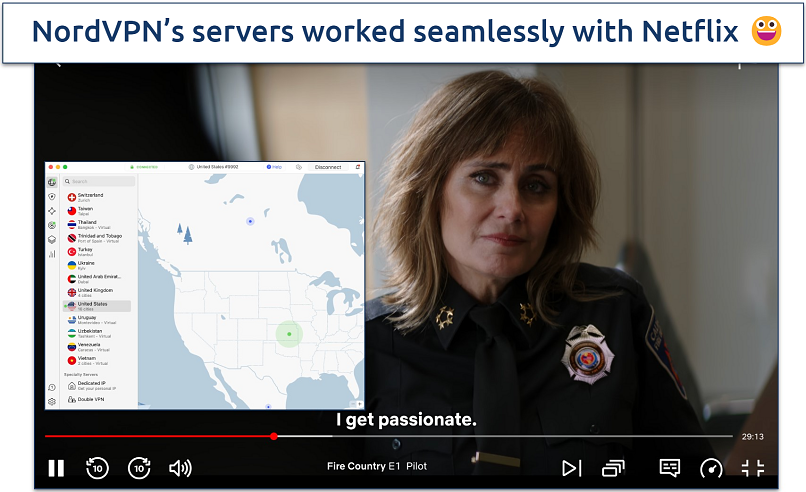 Screenshot of Fire Country streaming on Netflix with NordVPN connected