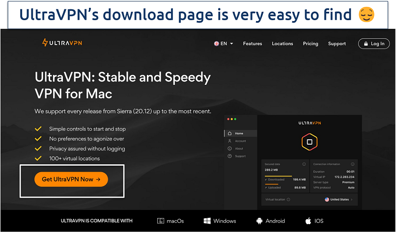 Screenshot of the UltraVPN download page